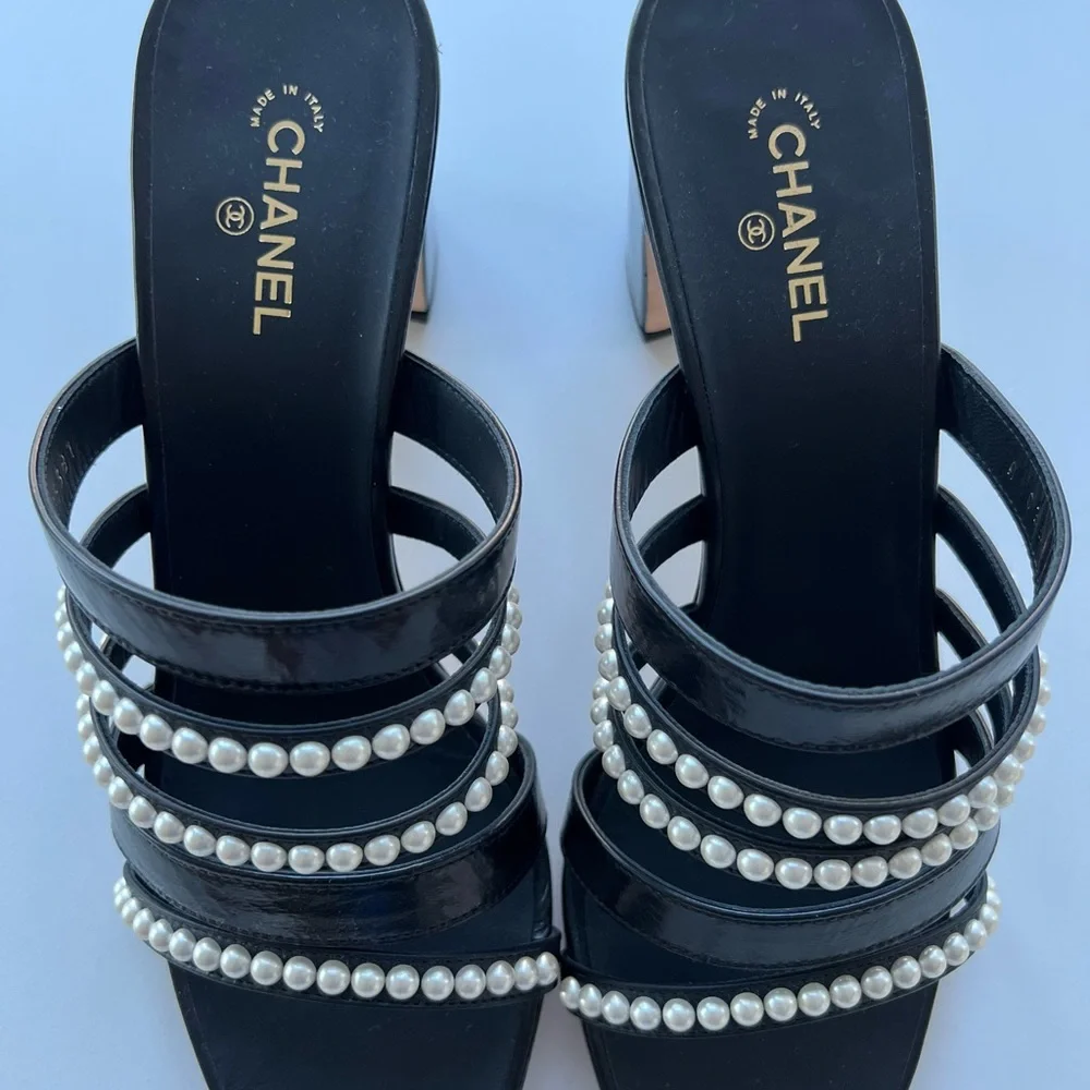 CHANEL Black Pearl-Embellished Strappy Block Heel Sandals